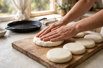 Divide into 6 balls and flatten between your palms into discs about 4 inches across and 3/4 inch thick, smoothing any cracked edges with wet fingers.