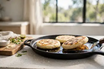 Sear in a lightly oiled heavy pan over medium heat for 5 minutes per side, until golden with dark spots.