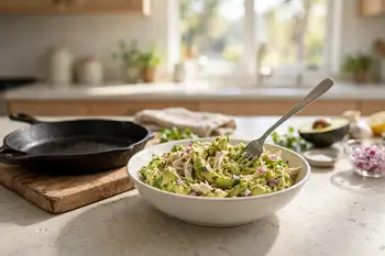 Meanwhile mash the avocado with the mayonnaise, lime juice and salt, and fold in the chicken, cilantro and onion.