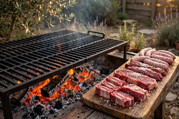 Build a wood or lump charcoal fire and let it burn down to a bed of even, glowing embers. Salt all the meats generously and leave them at room tempera