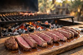 Sear the skirt steak hot and fast, 4 to 5 minutes per side for medium rare. Rest 10 minutes and slice across the grain.
