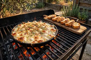 Grill the provolone in a small cast-iron dish until bubbling and golden at the edges, sprinkled with oregano and a pinch of chile flakes. Serve instan