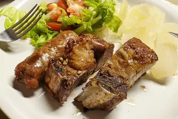 Carve the ribs between the bones, arrange everything on a warm platter, and pass the chimichurri and salad. The cook eats standing up, by tradition.