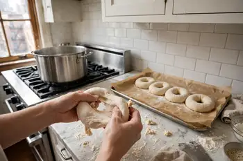 Divide into 8 balls. Rest 10 minutes, then poke a hole through the center of each and stretch into rings. Set on a parchment-lined tray, cover, and re