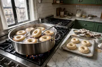 Bring a wide pot of water to a boil with the extra malt syrup. Boil the bagels 1 minute per side; they will puff and gloss.