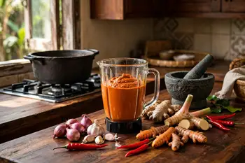 Blend the shallots, garlic, ginger, galangal, turmeric and both chiles with a splash of water into a smooth paste.