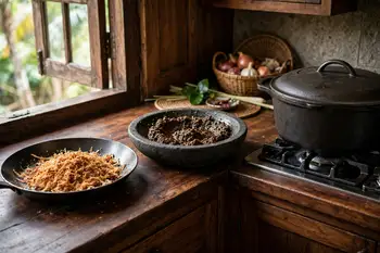 Toast the desiccated coconut in a dry pan until deep golden, then pound or blend to a coarse, oily paste: this is the kerisik.