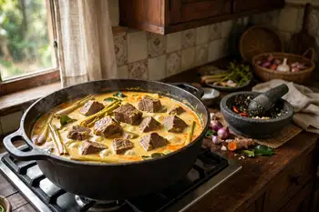 Put the beef, spice paste, coconut milk, lemongrass and salt in a wide pot. Bring to a boil, then settle to the gentlest simmer.