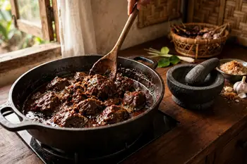 Stir in the kerisik. Cook 30 minutes more, stirring often now, until the sauce clings and fries around the beef and turns a deep mahogany.