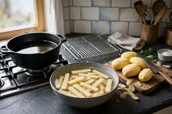Peel the potatoes and cut into thick batons, about 1/2 inch square. Soak in cold water for 30 minutes to wash off the starch, then drain and dry very 