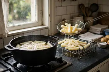Heat the tallow or oil to 300 °F (150 °C). Fry the potatoes in batches for 6 to 8 minutes, until soft and just barely colored. Drain on a rack and res