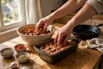 Mix the meat with the grated onion, cumin, paprika, oregano, cinnamon, salt and pepper until tacky and well blended. Pack firmly into a loaf pan, smoo