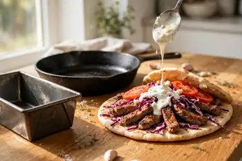 Fill each bread with meat, cabbage, tomato and onion if you like. Spoon over the garlic sauce, plus an herb sauce or chile sauce if you have them.