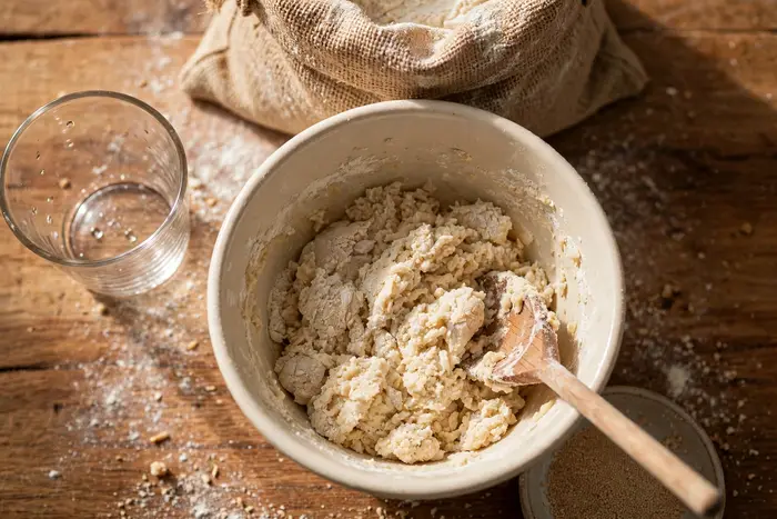 Flour and water just mixed into a shaggy dough in a large bowl