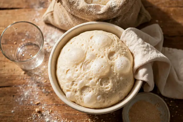 Bread dough risen high and domed in the same mixing bowl