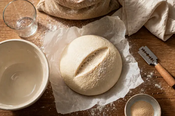 A proofed boule on parchment with one curved slash scored across the top