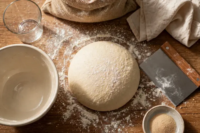 A shaped round boule with a smooth, taut surface on a floured counter