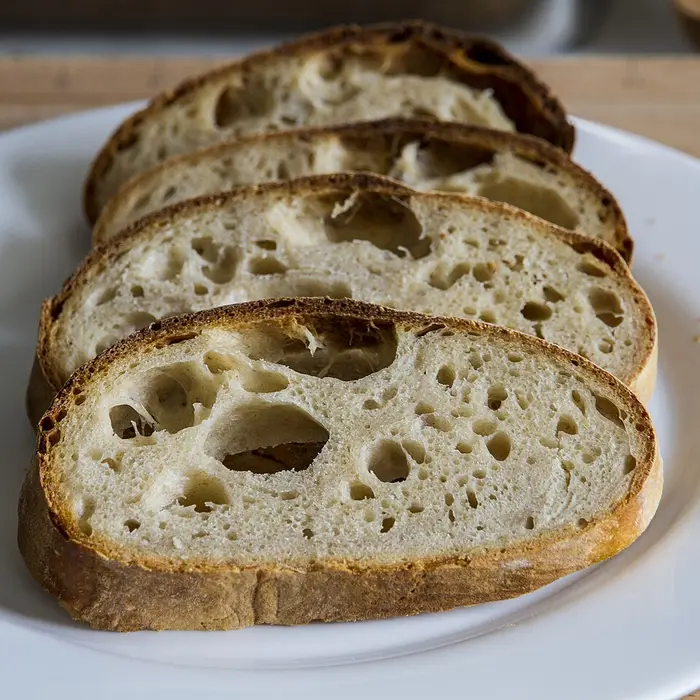 Thick slices of sourdough bread showing an open, airy crumb