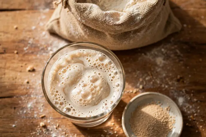 Dry yeast blooming and foaming in a glass of warm water