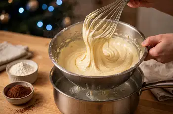 Heat the oven to 400°F (200°C). Line a 10 by 15 inch jelly roll pan with parchment and grease the paper. Whisk the eggs and sugar in a bowl set over s