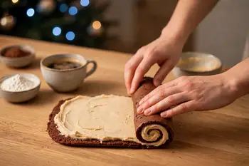 Unroll the cooled sponge gently. Spread the buttercream over it in an even layer, leaving a 1 inch border at the far short end. Re-roll tightly withou