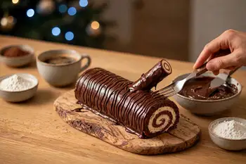 Coat the whole log with ganache, leaving the cut ends bare so the spiral shows. Drag a fork lengthwise through the ganache in long wavy lines for bark