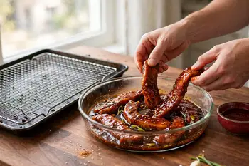 Mix the sugar, honey, soy, hoisin, wine, bean curd, five-spice, garlic and coloring into a marinade. Coat the pork thoroughly and marinate in the frid