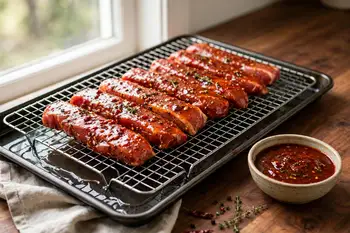 Heat the oven to 425 °F (220 °C). Set the pork on a rack over a pan with a cup of water in it. Reserve the marinade.