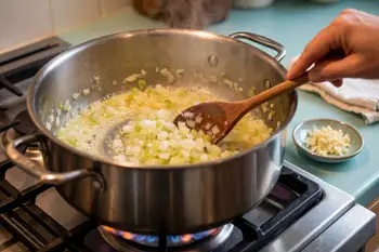 Melt the butter in a large pot over medium-low heat. Add the onion and celery with a pinch of salt and cook gently for 10 minutes, stirring now and th