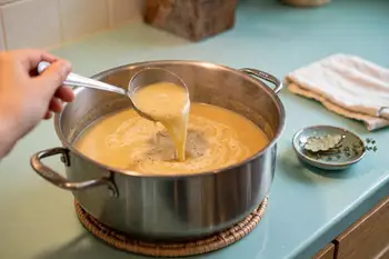 If the soup is thicker than pouring cream, thin it with a little more stock. Rest 5 minutes off the heat so the flavors settle.
