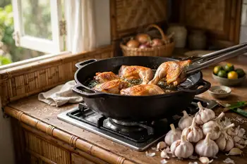 Sear the chicken in the oil until the skin is golden. Set aside.