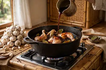 Return the chicken with the reserved marinade, water, bay leaves, peppercorns, remaining garlic and sugar.