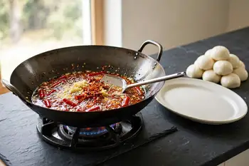 Heat the oil in a wok until shimmering. Fry the garlic, ginger and chiles for 1 minute, until fragrant and red in the oil.