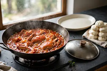 Pour in the ketchup, sugar, vinegar and stock. Cover and simmer for 10 minutes, until the crab is cooked through and the sauce is bubbling.