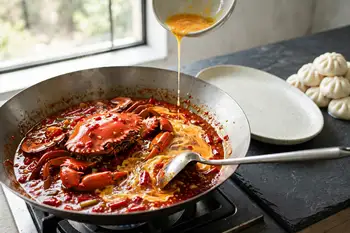 Drizzle in the beaten egg in a slow stream, stirring gently, so it sets in soft ribbons through the sauce.