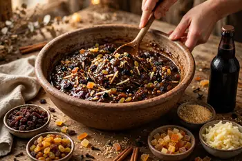 In a very large bowl, mix the raisins, currants, golden raisins, peel, suet, sugar, breadcrumbs, flour, spice, grated apple and both zests. Stir in th
