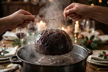 On serving day, steam again for 2 hours by the same method, topping up the water as before. The pudding should be piping hot and very dark.
