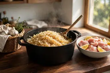 Toss the chicken with the lemon juice and salt and set aside. Cook the onions in a dry, heavy pot over medium-low heat, stirring often, for 30 minutes
