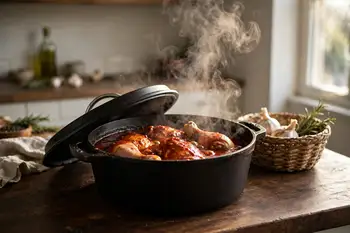 Add the stock and the chicken with its juices. Simmer gently, covered, for 40 minutes, until the chicken is tender and the sauce thick and glossy red.