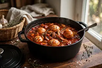 Make shallow slits in the boiled eggs and nestle them into the sauce. Simmer 10 minutes, turning once, until warmed through and stained with sauce.