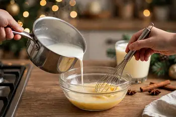 Whisking the yolks constantly, pour in the hot milk in a slow, thin stream. This is the tempering, and it cannot be rushed. Pour everything back into 