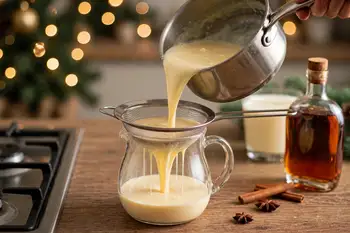 Strain the custard through a fine sieve into a pitcher. Stir in the vanilla and the bourbon or rum, if using. Cover and chill until completely cold, a