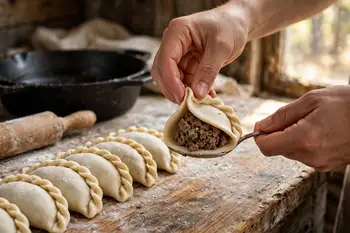 Place a heaped tablespoon of filling on each round. Wet the edge, fold in half, and seal with a fork or a repulgue fold, pinching and folding the edge