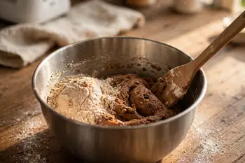 Add the dry ingredients in two additions, mixing on low just until a soft, dark dough forms and no flour shows.