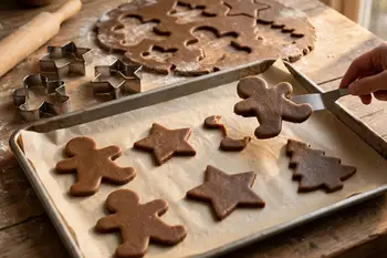 Cut out your shapes and set them 1 inch apart on parchment lined baking sheets. Gather the scraps, reroll once, and cut the rest. If the kitchen is wa