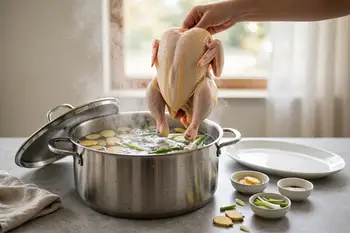 Rub the chicken with salt. Bring a pot of water with the ginger slices and green onions to a boil, lower the chicken in breast down, return to the bar