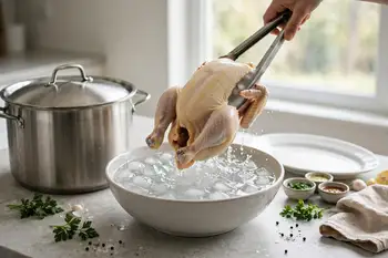 Lift the chicken into a bowl of iced water for 10 minutes. Reserve every drop of the broth. Rub the cooled chicken with sesame oil and salt.