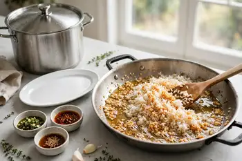 Render a little of the chicken's fat in a pan, or use oil, and fry the garlic until golden. Add the rinsed rice and toast for 2 minutes.