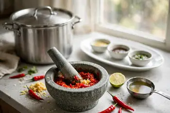 Pound or blend the chiles with grated ginger, lime juice, salt and a ladle of broth into a loose, bright sauce.