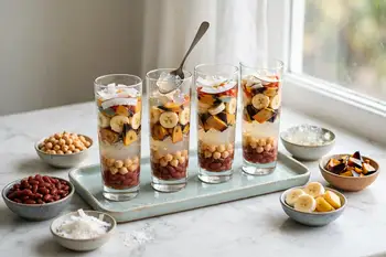 Chill four tall glasses. Divide the beans, chickpeas, nata de coco, kaong, banana and macapuno among them in colorful layers.